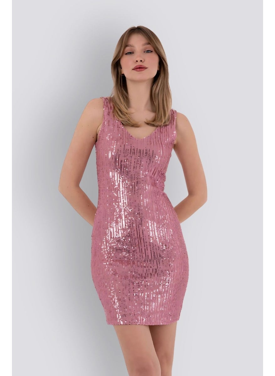 HOX'S Candice | Sequined Mini Slim Dress V Neck Sleeveless Backless - Powder  - Image 2