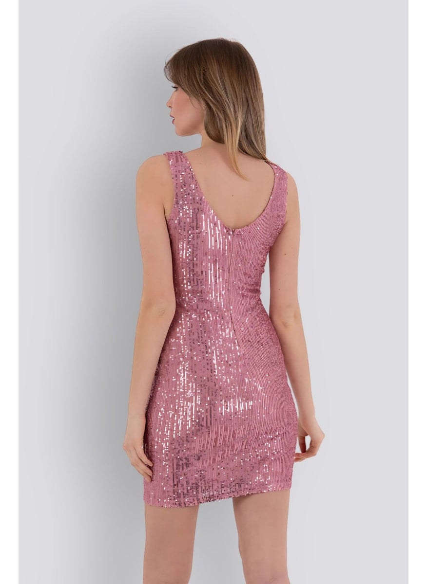 HOX'S Candice | Sequined Mini Slim Dress V Neck Sleeveless Backless - Powder  - Image 3