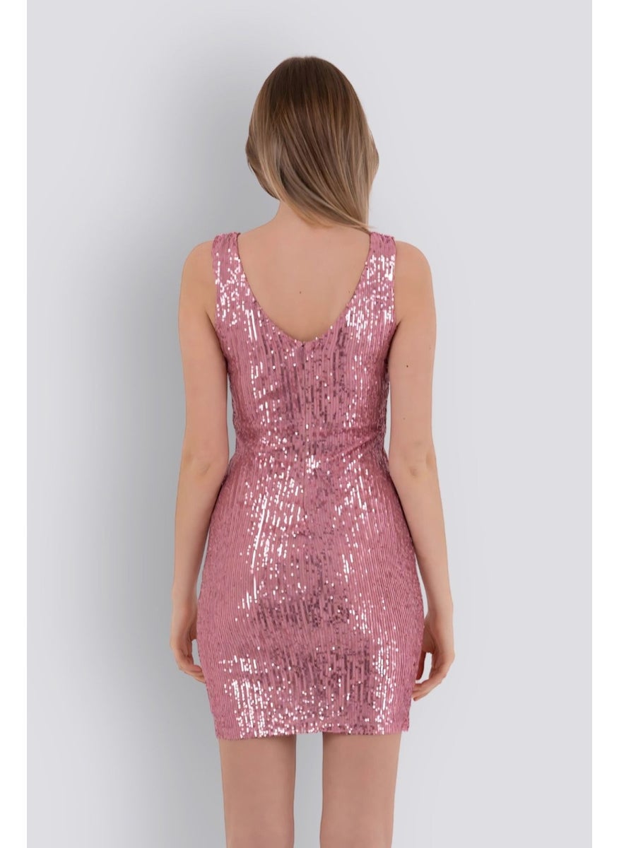 HOX'S Candice | Sequined Mini Slim Dress V Neck Sleeveless Backless - Powder  - Image 4