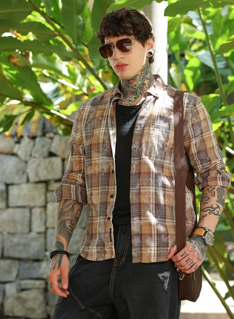 كامبوس سوترا Campus Sutra Men's Ochre Brown Faded-Plaid Regular Shirt | Regular Fit Full Sleeve Spread Collar Plaid Pattern | Cotton Blend & Breathable Fabric For Everyday Wear & Casual Outings