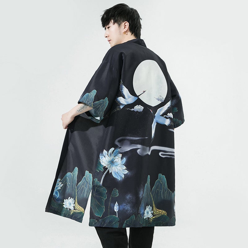 2023 Summer New Chinese Style Mens Trendy Printed Long Sleeve Hanfu Japanese Cardigan Manteau Casual Loose Fit K206 Black  - Image 1
