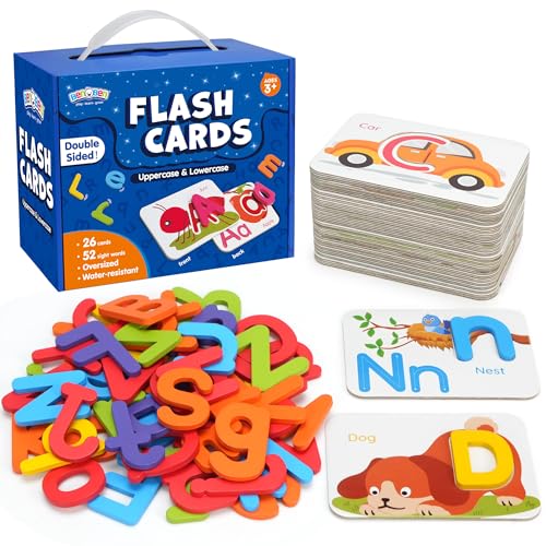 BenBen Alphabet Flash Cards 52 Upper and Lowercase Wooden Letters 26 Flashcards Montessori ABC Learning Toys for Kids Ages 35 Preschool Learning Activities Matching Game Puzzles - Image 1