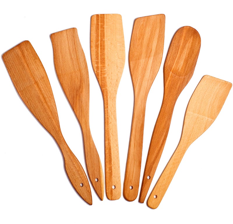 ECOSALL 6 Wooden Spoons for Cooking  Made in Ukraine 100 Natural Healthy Nonstick Wooden Spatula Spoons  Premium Solid Wood Cooking Utensils Set  Strong Durable Eco Hardwood Beechwood Spoons Set