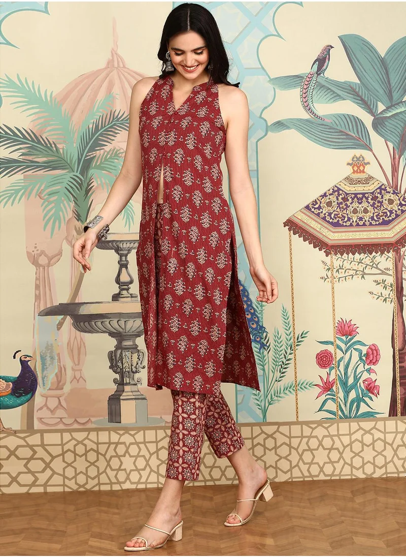 ISHIN Maroon Ethnic Motifs Printed High Slit Chanderi Cotton A-Line Kurta With Trousers