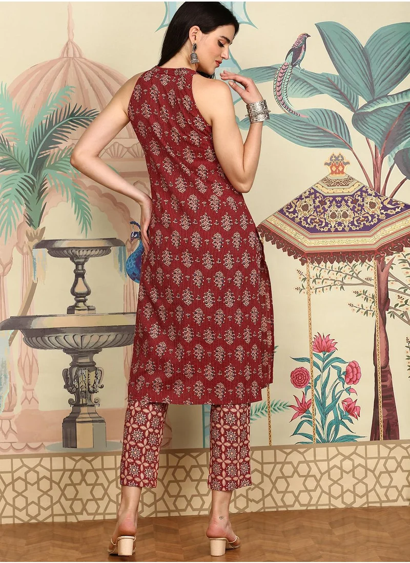 ISHIN A-Line Fit Printed Pattern Round Neck Sleeveless Maroon Colour Knitted Cotton Kurta Set for Women with Semi Elastic Closure - A Statement Piece for Every Look