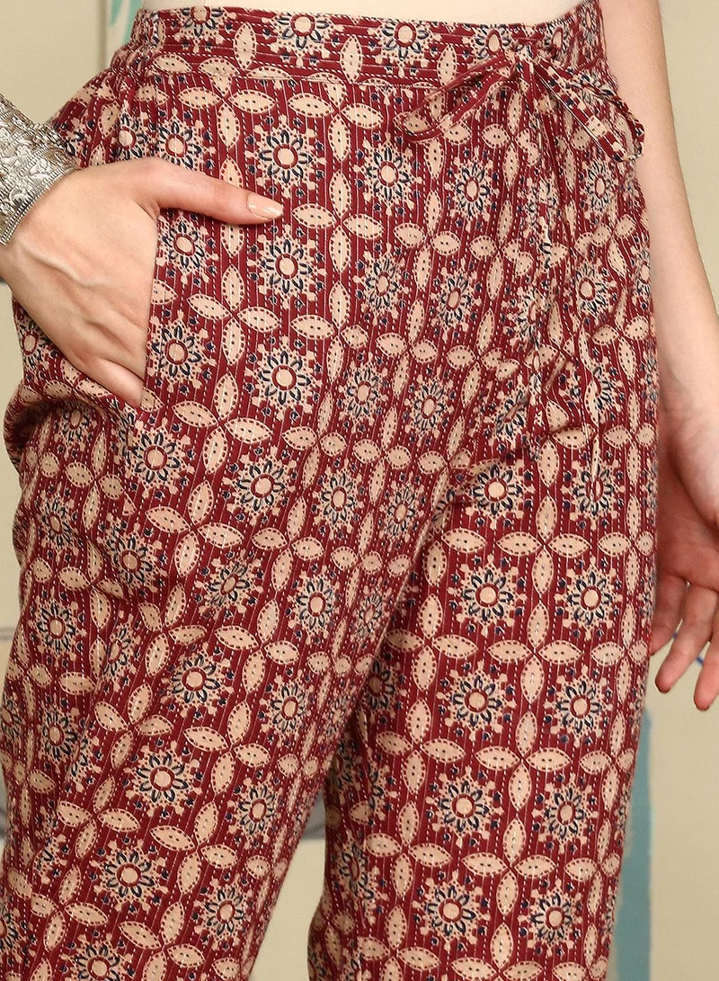 ISHIN Women's Maroon 100% Cotton Printed A-Line Kurta Set