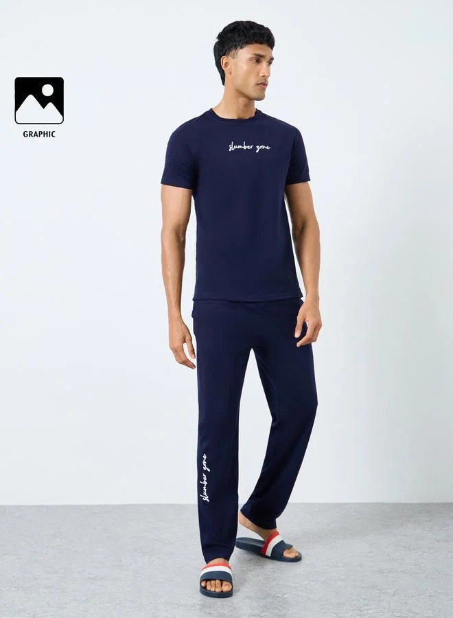 Slogan Print Crew Neck T-Shirt and Pyjama Set