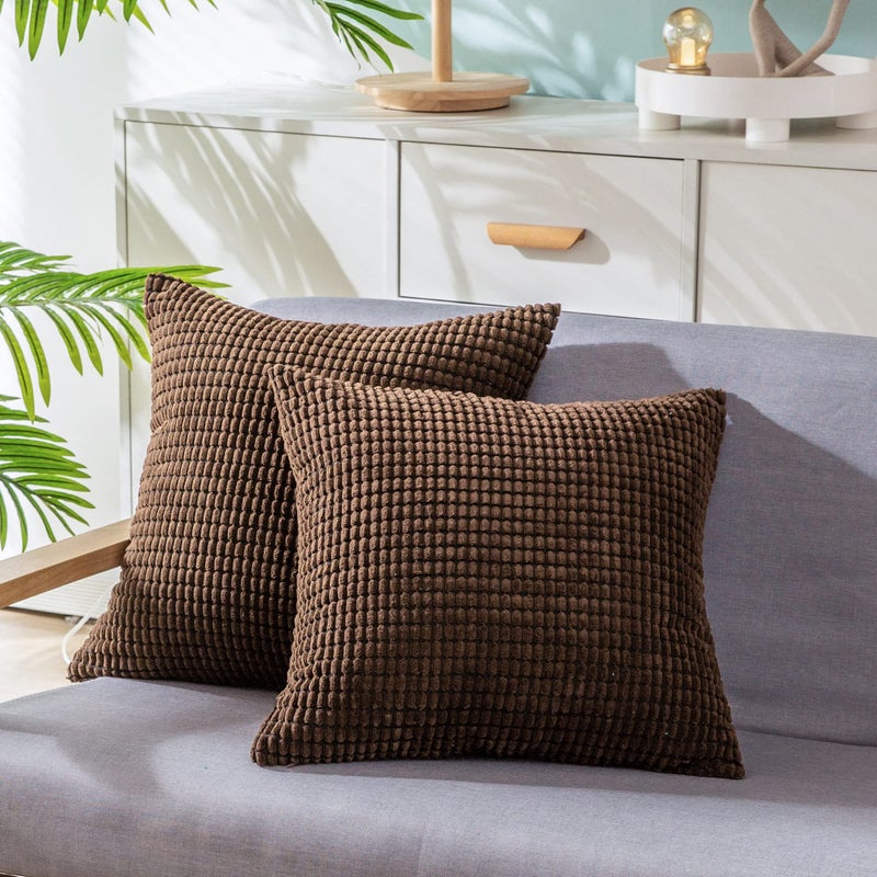 CaliTime Throw Pillow Covers Pack of 2 Comfy Corduroy Corn Striped Waffle Decorative Cushion Cases for Couch Sofa Bed Farmhouse 20 X 20 Inches Brown - Image 1