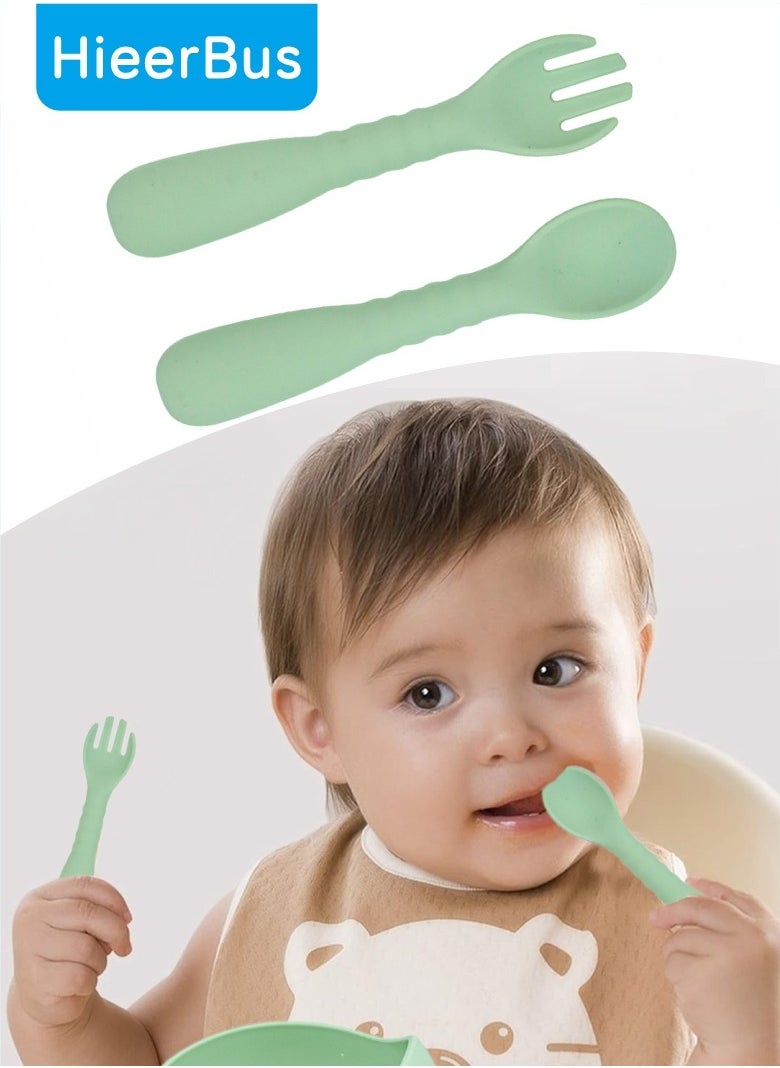 HieerBus Baby Spoons Forks 2pcs for Kids Over 6 Months Silicone Spoon First Self Feed Baby training (green)  - Image 1