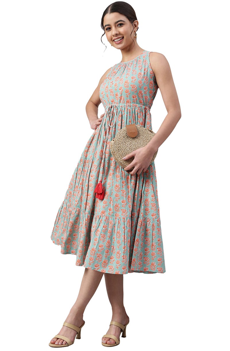 Janasya Women's Mint Green Cotton Floral Block Print Tiered Western Dress(JNE3961-DR-XXXL) - Image 1
