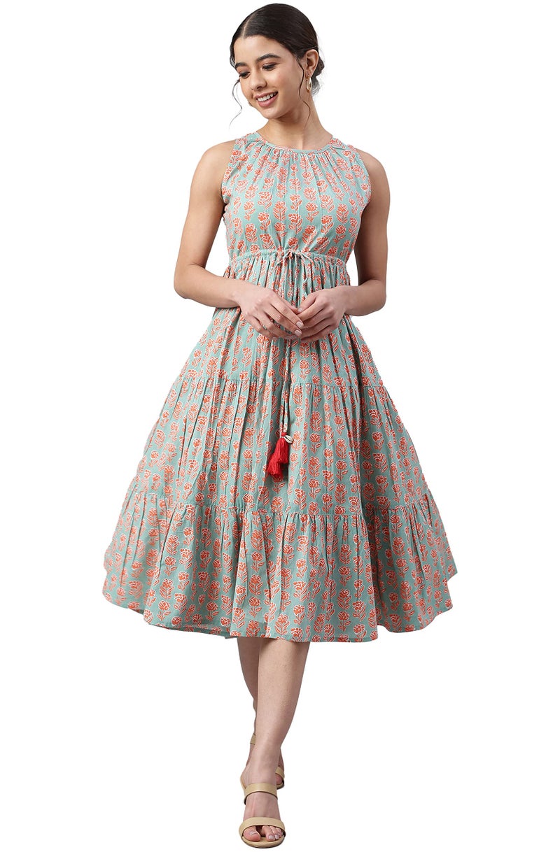 Janasya Women's Mint Green Cotton Floral Block Print Tiered Western Dress(JNE3961-DR-XXXL) - Image 2
