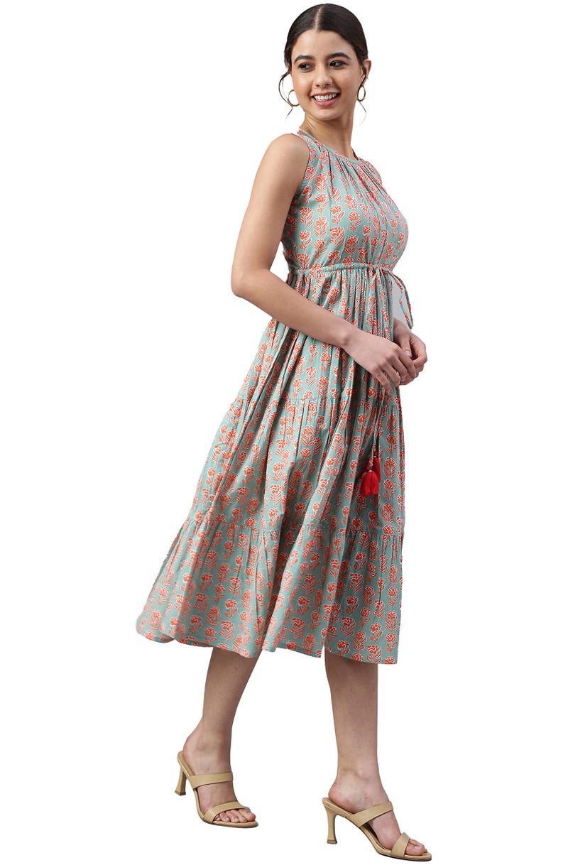 Janasya Women's Mint Green Cotton Floral Block Print Tiered Western Dress(JNE3961-DR-XXXL) - Image 4