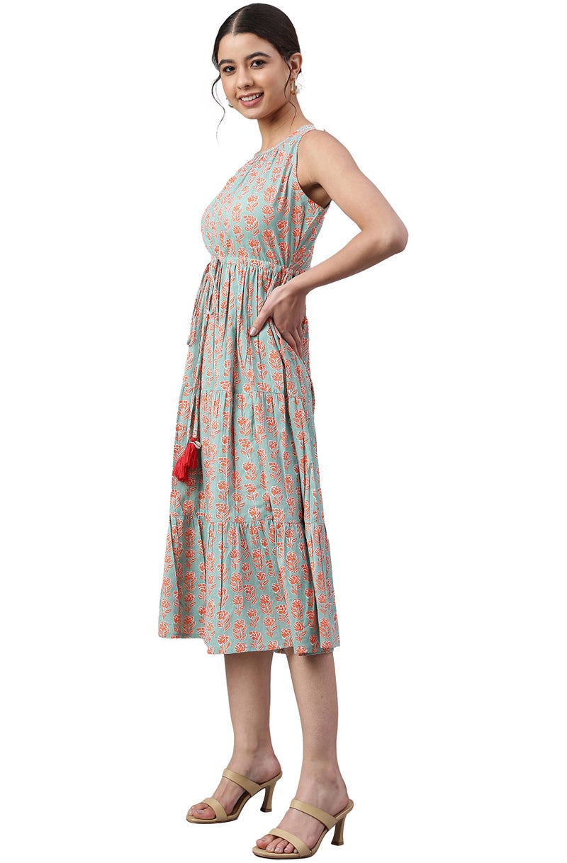 Janasya Women's Mint Green Cotton Floral Block Print Tiered Western Dress(JNE3961-DR-XXXL) - Image 3