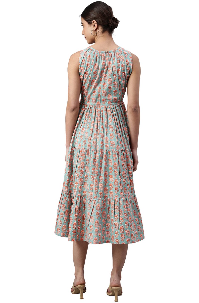 Janasya Women's Mint Green Cotton Floral Block Print Tiered Western Dress(JNE3961-DR-XXXL) - Image 5