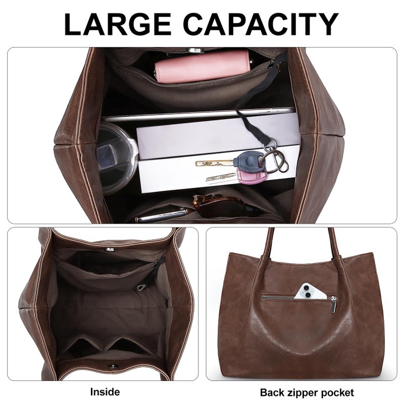 Fependu Large Tote Bag for Women Work Vegan Leather 16L Ladies Handbags Womens Big Purses Shoulder for Travel Dark Brown - Image 4