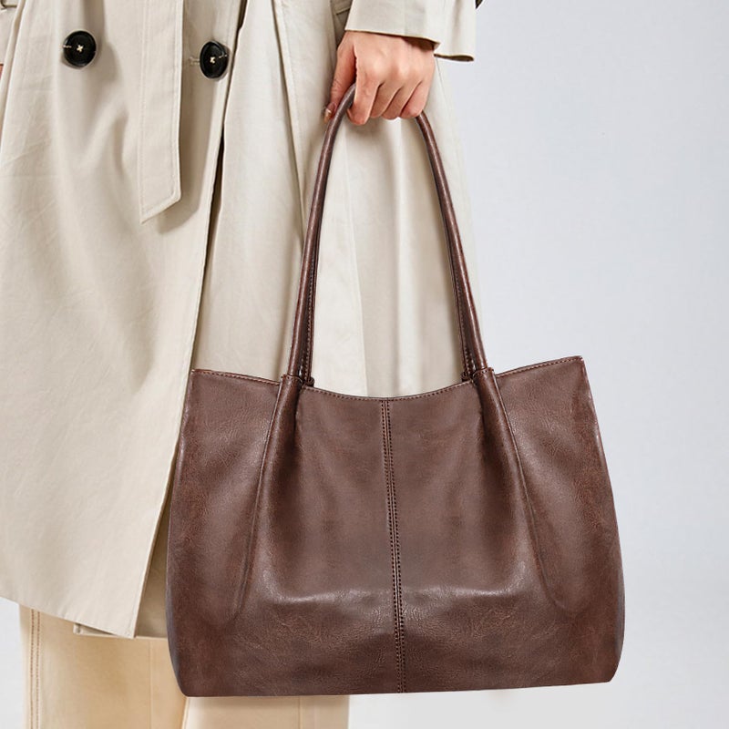 Fependu Large Tote Bag for Women Work Vegan Leather 16L Ladies Handbags Womens Big Purses Shoulder for Travel Dark Brown - Image 2