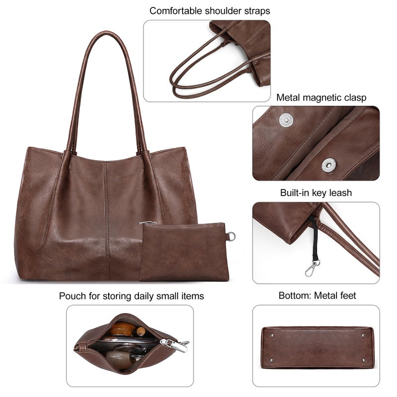 Fependu Large Tote Bag for Women Work Vegan Leather 16L Ladies Handbags Womens Big Purses Shoulder for Travel Dark Brown - Image 5