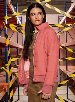 كامبوس سوترا Women's Salmon Pink Puffer Jacket With Ribbed Hem  - Image 3