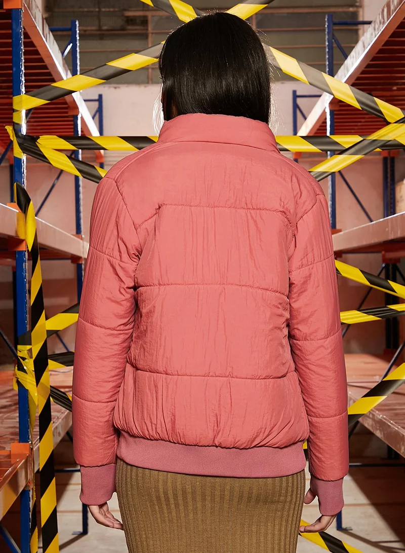 كامبوس سوترا Women's Salmon Pink Puffer Jacket With Ribbed Hem