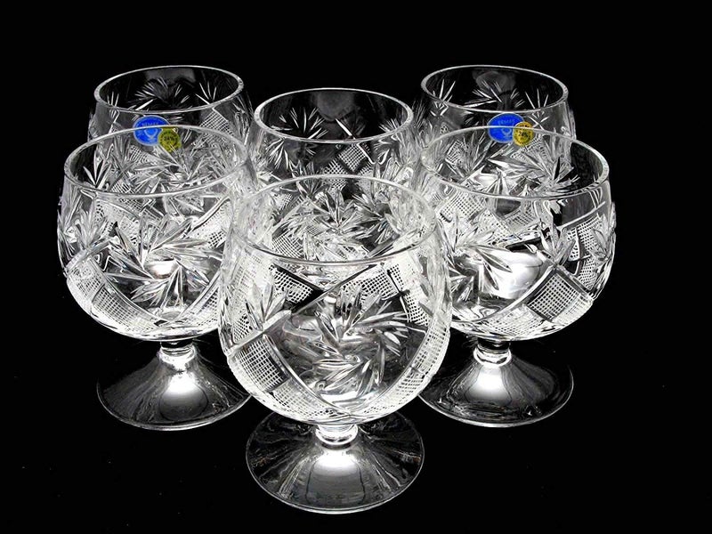 Neman Russian European Cut Crystal Brandy Cognac Snifters Vintage OldFashioned Glassware Set of 6 