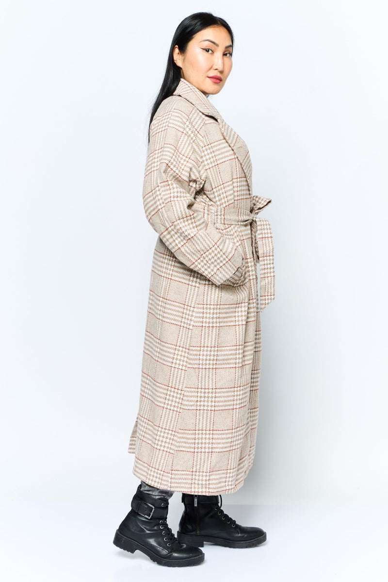 En Saison Women Plaid Belted Trench Coat, Tan  - Image 3