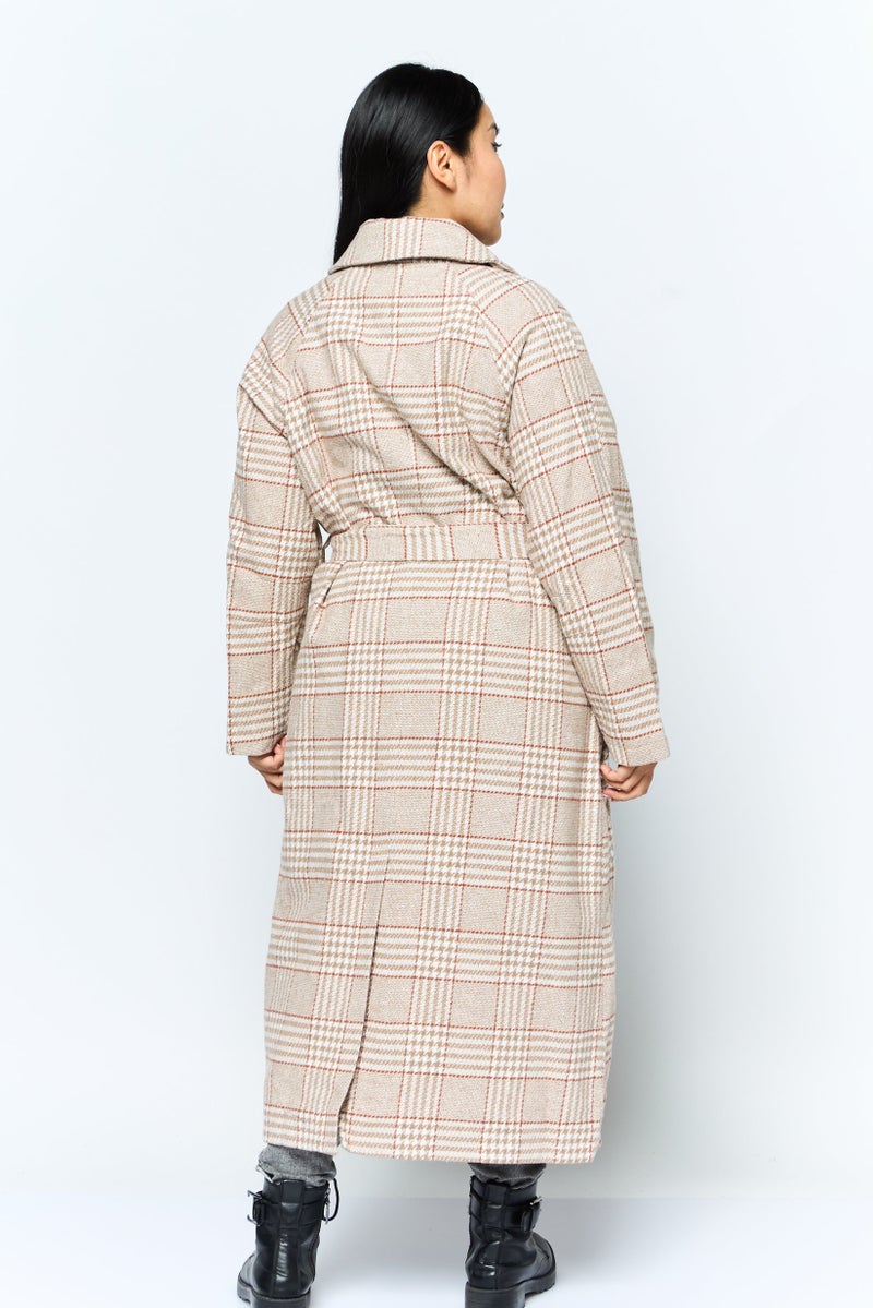 En Saison Women Plaid Belted Trench Coat, Tan  - Image 4