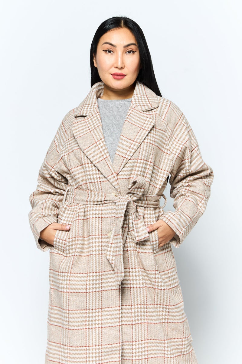 En Saison Women Plaid Belted Trench Coat, Tan  - Image 2