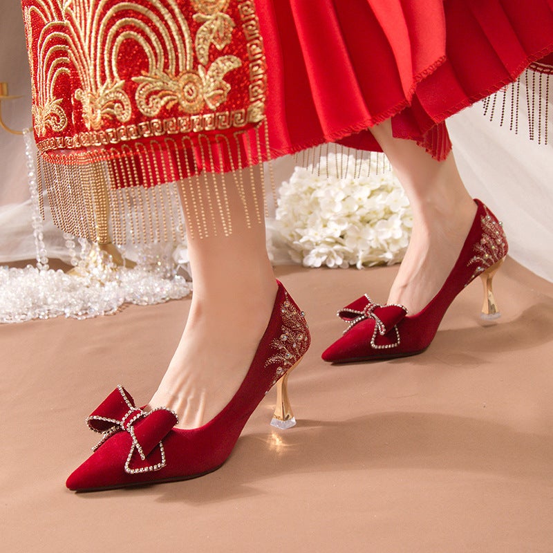 Chinese Fashion Wedding Shoes High Heels 2024 New Xiuhe Not Tired Feet Wedding Dress Two-Wearing Bridal Wine Red Shoes - Image 4