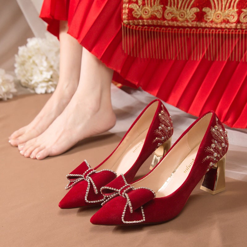 Chinese Fashion Wedding Shoes High Heels 2024 New Xiuhe Not Tired Feet Wedding Dress Two-Wearing Bridal Wine Red Shoes - Image 3
