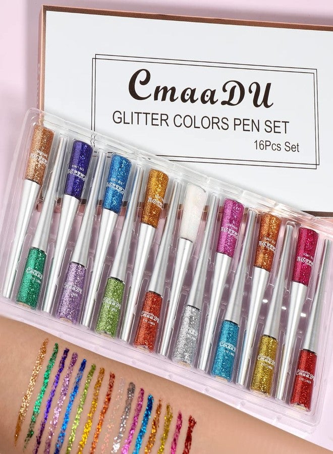 Aseawave 16 Colors Liquid Glitter Eyeliner Set, Metallic Shimmer Glitter Eyeshadow, Colorful Rainbow Eyeliner Long Lasting Waterproof Face Lips Art for Party Festival Makeup - Image 3