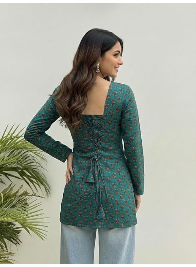 ANNI DESIGNER كورتِي قصير مصمم من ANNI للنساء بتصميم مطبوع حديث | كورتِي بأكمام كاملة وفتحة رقبة مربعة للنساء | كورتِي أنيقة وكورتِي قصيرة للنساء | كورتِي غير رسمية مع جينز | كورتَات للنساء - Image 4