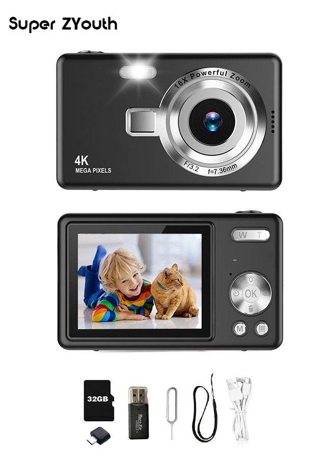 Super ZYouth Digital Camera for Kids, Anti Shake Video Camera with 16X Zoom & 1080P, Point and Shoot Camera 32GB TF Card, Compact Small Camera for Boys Girls, Black  - Image 1