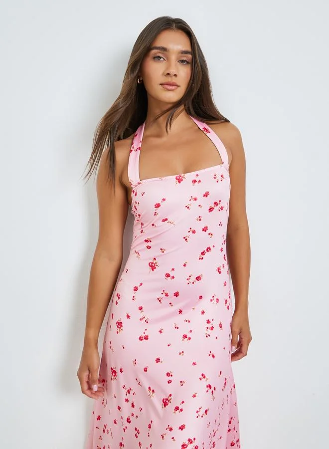 Styli Pink Floral Halter Neck Maxi Dress