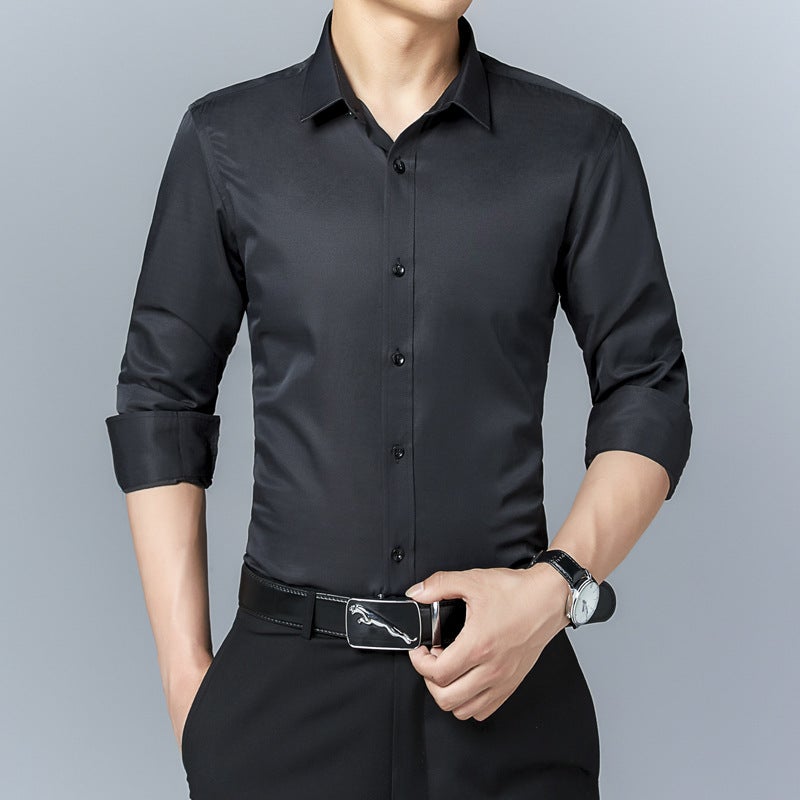 Mens long sleeve shirt mens long sleeve slim fit mens shirt Korean youth solid color shirt mens wholesale cardigan autumn and winter Wine red - Image 4
