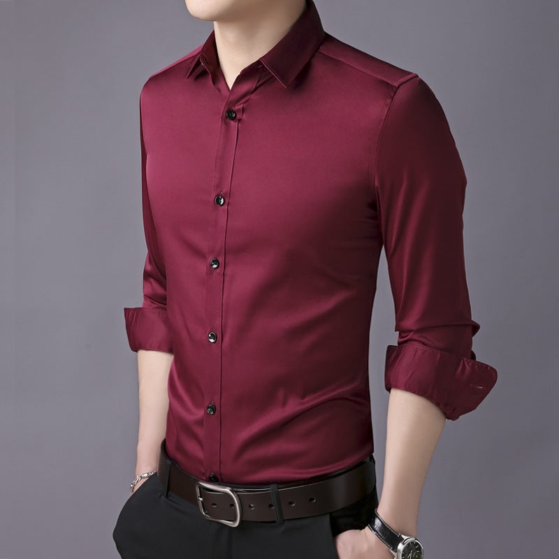 Mens long sleeve shirt mens long sleeve slim fit mens shirt Korean youth solid color shirt mens wholesale cardigan autumn and winter Wine red - Image 1