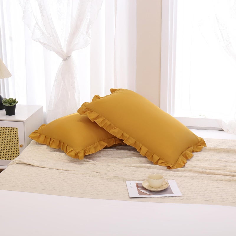 Merryword Mustard Yellow Pillowcases King Pillowcases Set of 2 Ruffle Pillow Shams Cute Pillow Covers Solid Ruffled Fringe Design Yellow Shabby Chic Pillowcases 2 Pack - Image 4