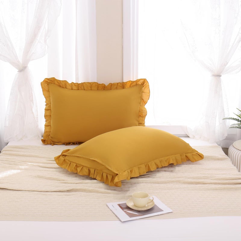 Merryword Mustard Yellow Pillowcases King Pillowcases Set of 2 Ruffle Pillow Shams Cute Pillow Covers Solid Ruffled Fringe Design Yellow Shabby Chic Pillowcases 2 Pack - Image 3