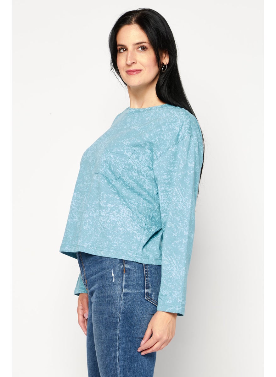 Weatherproof Women Round Neck Long Sleeves Textured Top, Turquoise  - Image 3