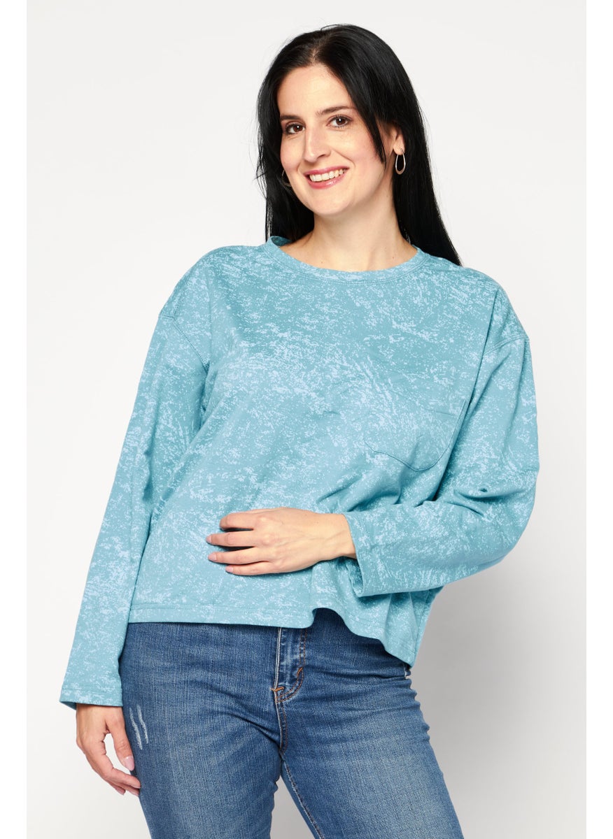Weatherproof Women Round Neck Long Sleeves Textured Top, Turquoise  - Image 1