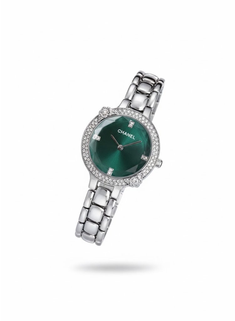 Chanel Women’s Stainless Steel Watch with Green Dial and Diamond Bezel