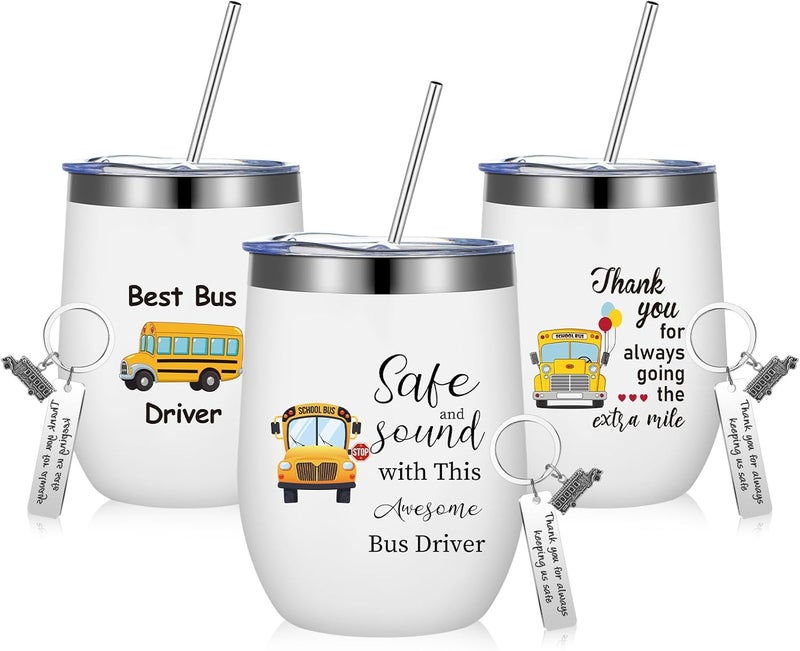 Rtteri Bus Driver Appreciation Gifts  6 Pcs Set with 3 Stainless Steel Keychains 3 Tumbler Cups 12 oz Lid  Straw for School Bus Drivers  Back to School Present - Image 1