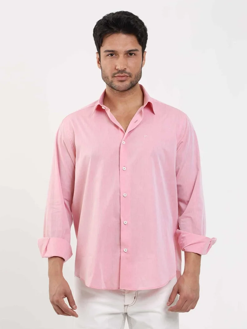 Dufy Light Burgundy Men's Regular Fit Plain Brent Button Collar Long Sleeve Shirt - 102229