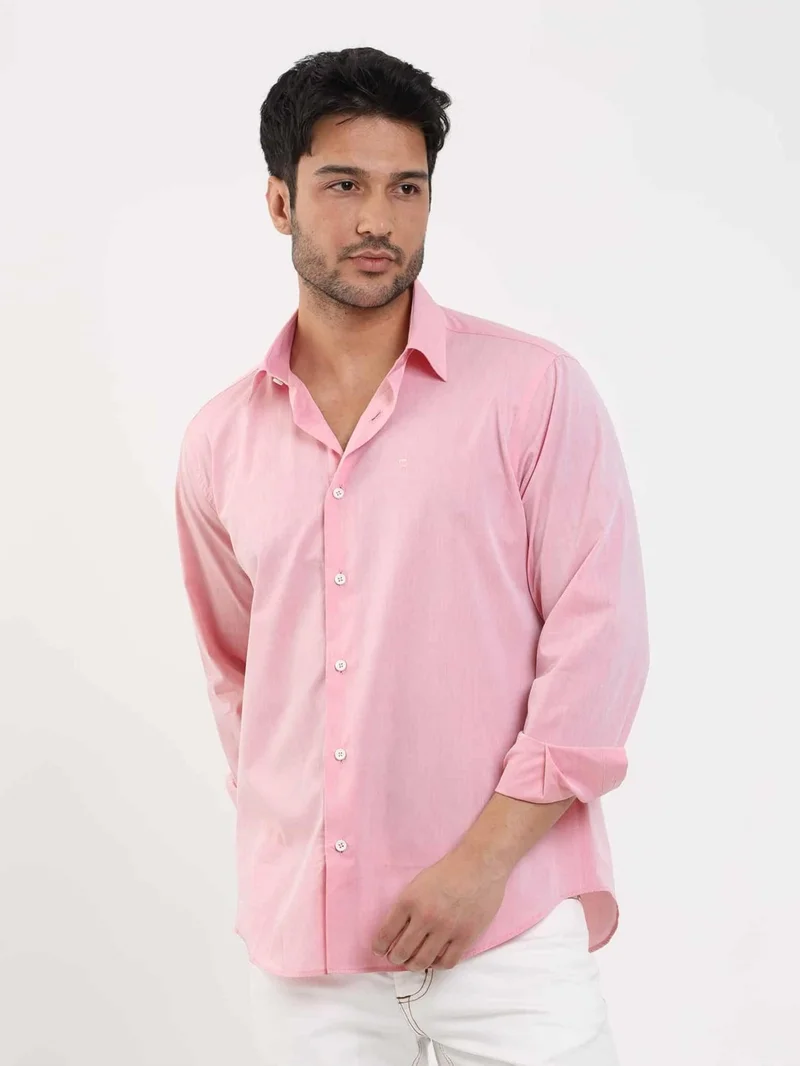 Dufy Light Burgundy Men's Regular Fit Plain Brent Button Collar Long Sleeve Shirt - 102229