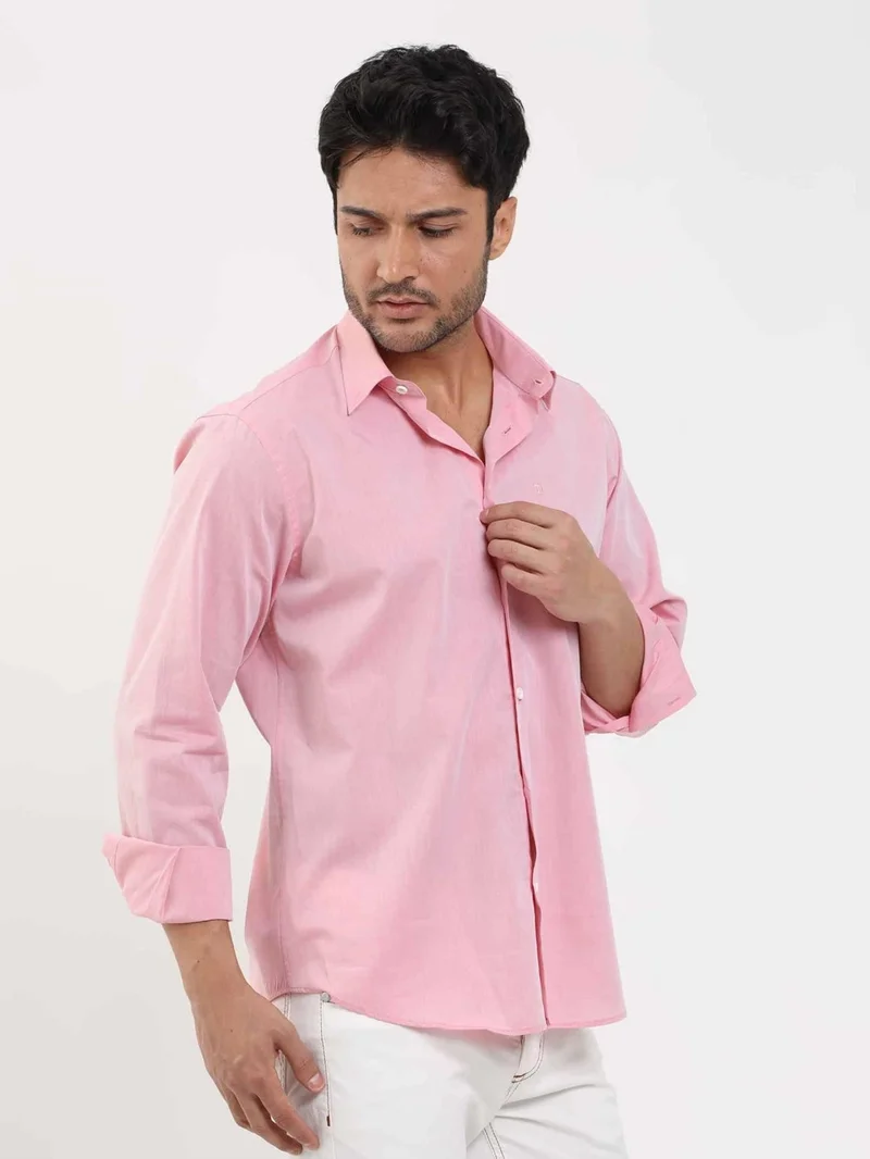 Dufy Light Burgundy Men's Regular Fit Plain Brent Button Collar Long Sleeve Shirt - 102229