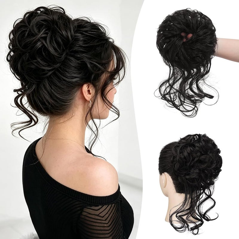 SOFEIYAN Hairpiece with Elastic Band, Curly Bun Hairpiece with Hair Updo Hairstyles, Synthetic Messy Bun Hair, Tousled Updo Hairpieces for Women, Natural Black - Image 1