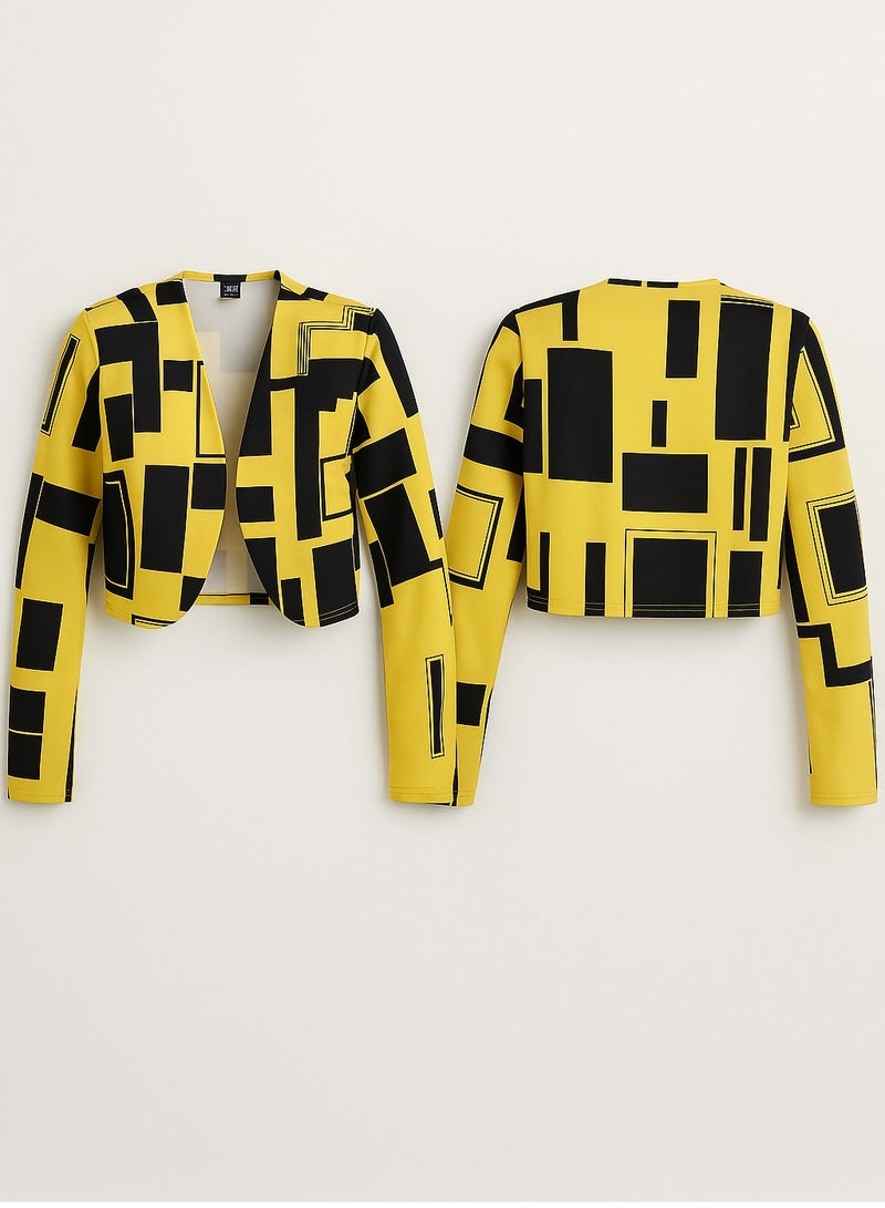 Charlie Women's Cropped Jacket – Bold Yellow & Black Geometric Print – Long Sleeve Lightweight Outerwear for Street Style, Casual & Party Wear – Open Front Statement Jacket - Image 1