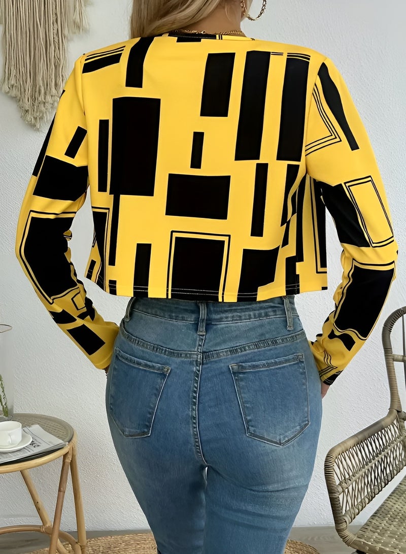 Charlie Women's Cropped Jacket – Bold Yellow & Black Geometric Print – Long Sleeve Lightweight Outerwear for Street Style, Casual & Party Wear – Open Front Statement Jacket - Image 3