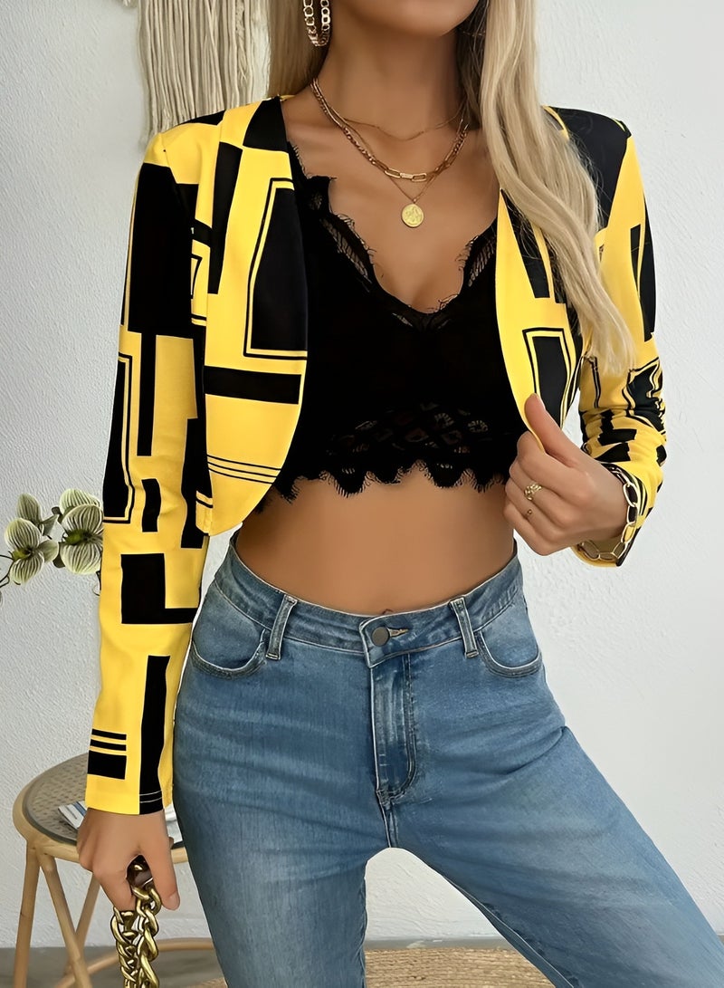 Charlie Women's Cropped Jacket – Bold Yellow & Black Geometric Print – Long Sleeve Lightweight Outerwear for Street Style, Casual & Party Wear – Open Front Statement Jacket - Image 2