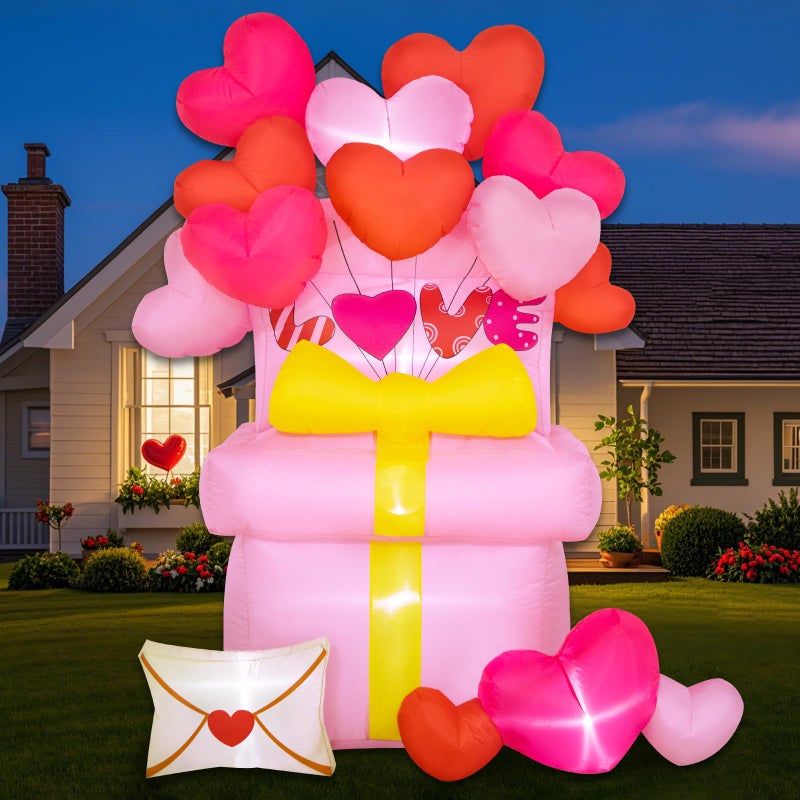 anroog Valentines Day Inflatables Outdoor Decorations 5FT Love Valentine Gift Box Blow Up Yard Decorations Heart Balloons Spring Inflatable Built-in LED Lights Outside Holiday Party Garden Lawn Decor - Image 1