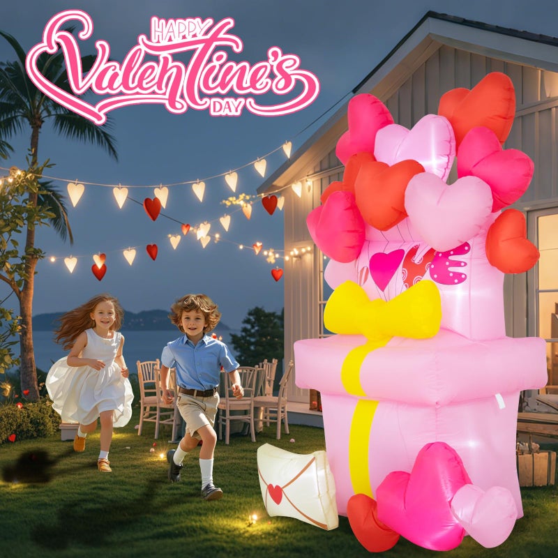 anroog Valentines Day Inflatables Outdoor Decorations 5FT Love Valentine Gift Box Blow Up Yard Decorations Heart Balloons Spring Inflatable Built-in LED Lights Outside Holiday Party Garden Lawn Decor - Image 5